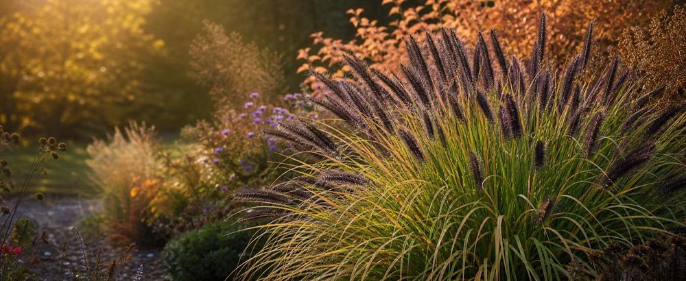 Herbstbeet: 'Black Beauty' in Vollblüte zwischen verblühten Nachbarstauden