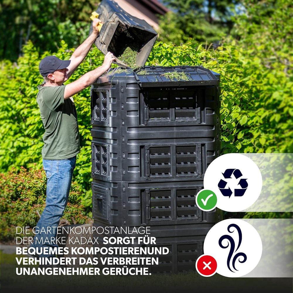 KADAX Modul-Kompostanlage, Schnellkomposter aus Kunststoff, Komposter mit Druckknöpfen, schwarzer Thermokomposter mit klappbarem Deckel (1260L)