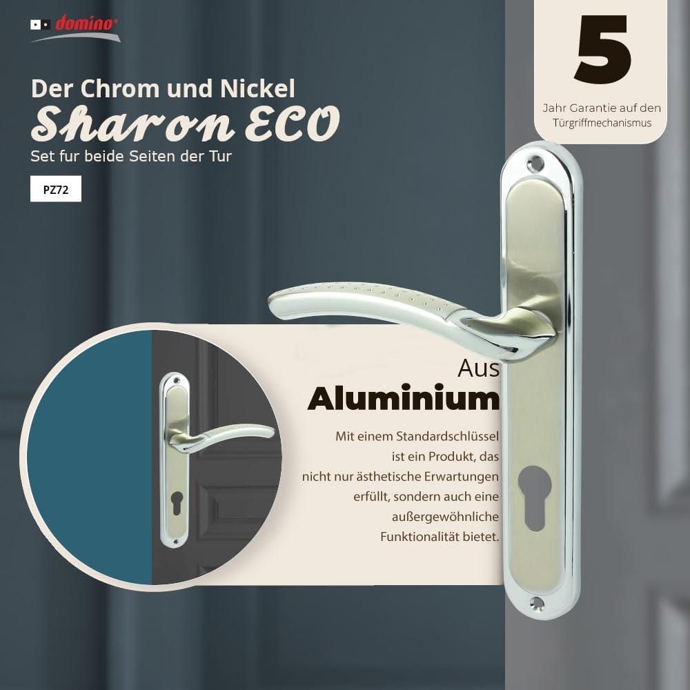 DOMINO Türgriff 72 Drückergarnitur PZ - Profilzylinder Set | Türklinke für Zimmertür, Bürotür, Kellertür & Innentür | L-Form | Türbeschläge aus Aluminiuml | Chrom/Nickel Türdrückergarnitur | SHARON ECO M6/M9