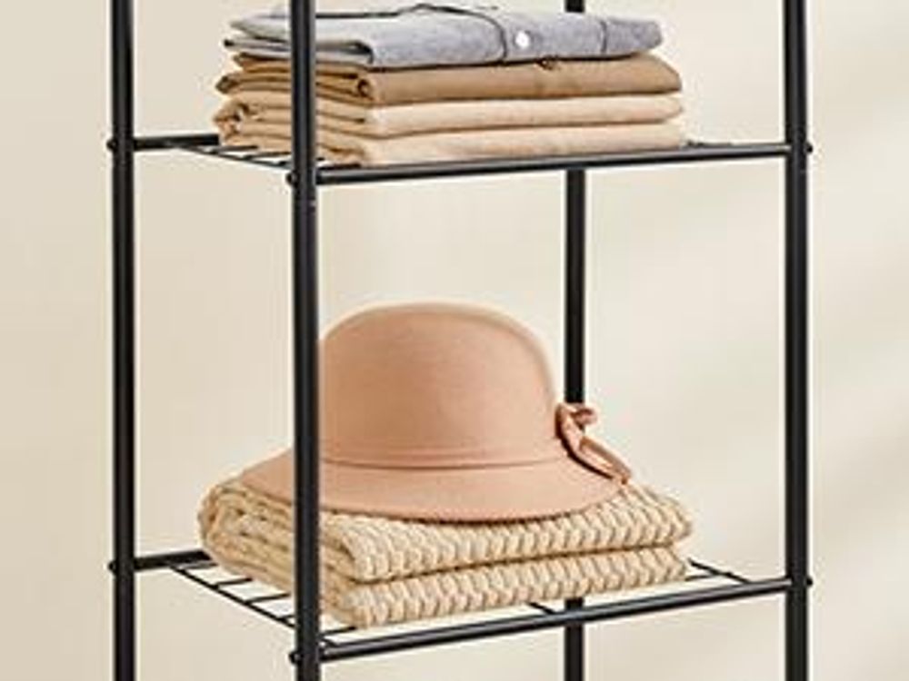 SONGMICS Kleiderständer, offener Kleiderschrank, Kleiderstange, Garderobenständer mit Ablagen, Garderobe aus Metall, freistehend, mattschwarz