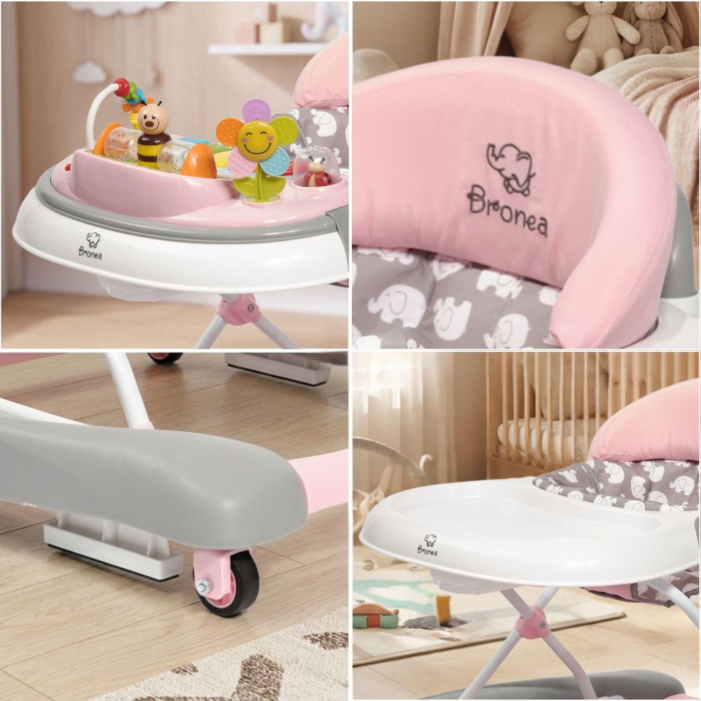 BRONEA® 4-in-1 Gehfrei Baby Lauflernwagen Schaukel Lauflernhilfe Babywalker mit Schaukelfunktion, Licht & Musik | Höhenverstellbar & Klappbar - Rosa