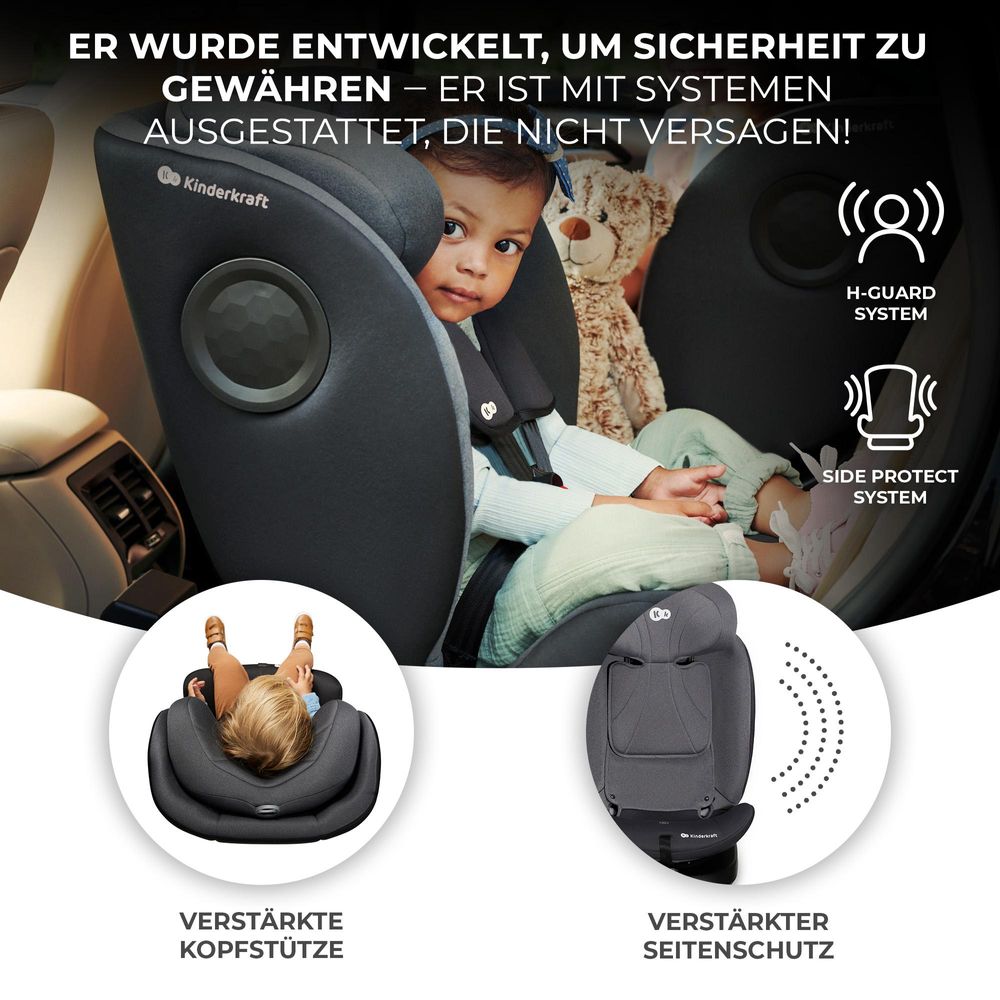 Kinderkraft I-360 i-Size - Kindersitz 40-150 cm - 360° Drehung - RWF/FWF - H-GUARD System - SPS+ - 5-Punkt-Gurt - ISOFIX - Stützbein - Grau
