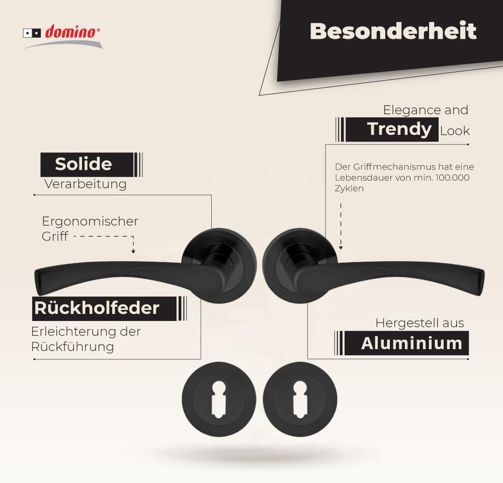 DOMINO Türgriff Drückergarnitur BB-Buntbart Set | Rund BB Rosette | Türklinke für Zimmertür, Bürotür, Kellertür & Innentür | Türbeschläge aus Aluminium | Schwarz Türdrückergarnitur | ROMANA-R BLACK