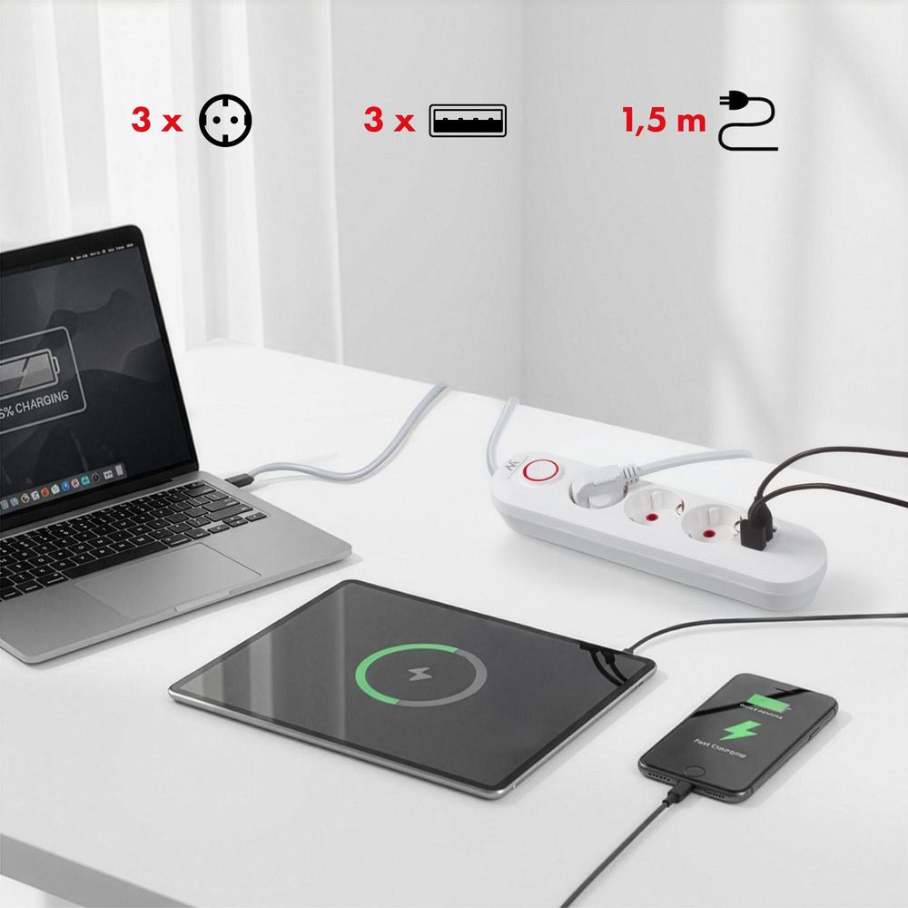 Maclean Steckdosenleiste 3-Steckdosen-Verlängerungskabel + 3xUSB 110-240V AC 50/60Hz 2,1A max 2500W 1,5m weiß MCE394 W