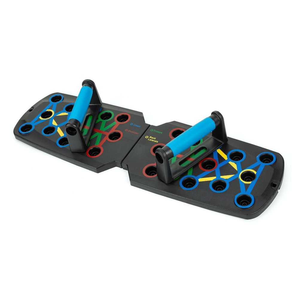 Draufsicht eines schwarzen Push-Up-Boards mit farbigen Linien und zwei blauen Griffen auf Weiß