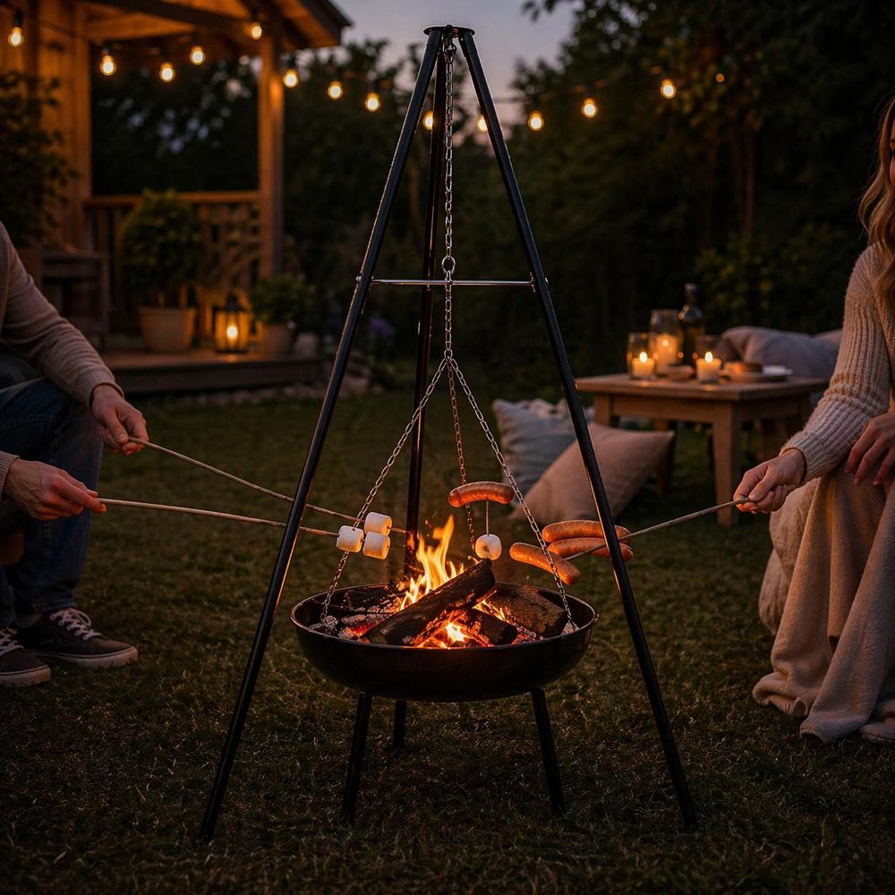 Bauhus Grill trójnóg 2w1 150 cm z rusztem 49 cm i misą 51 cm palenisko ogrodowe
