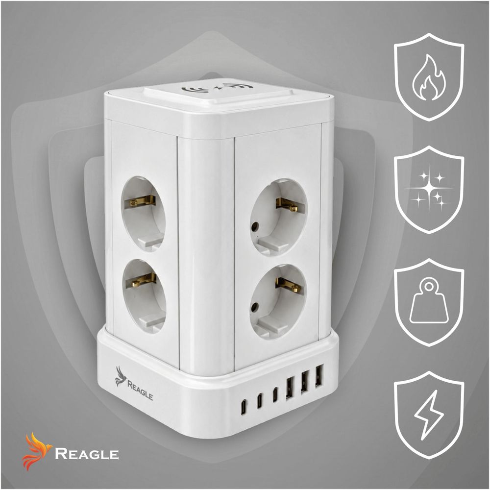 Reagle Steckdosenturm 8-fach & 6 USB (3x USB-C), 3m Kabel, Vertikale Mehrfachsteckdose mit kabellosem Laden, Überspannungsschutz 2500W, Weiß