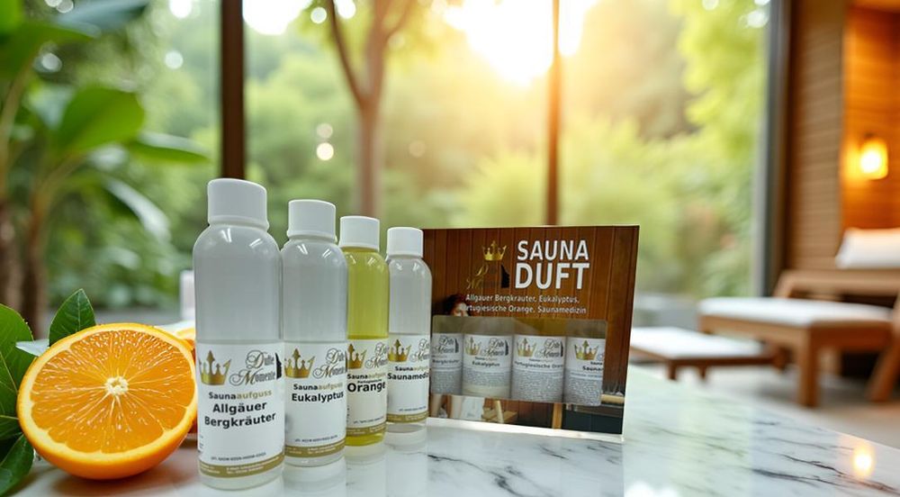 Saunaaufguss Set mit Eukalyptus, Bergkräuter, Orange, Saunamedizin, in Wellness-Umgebung.