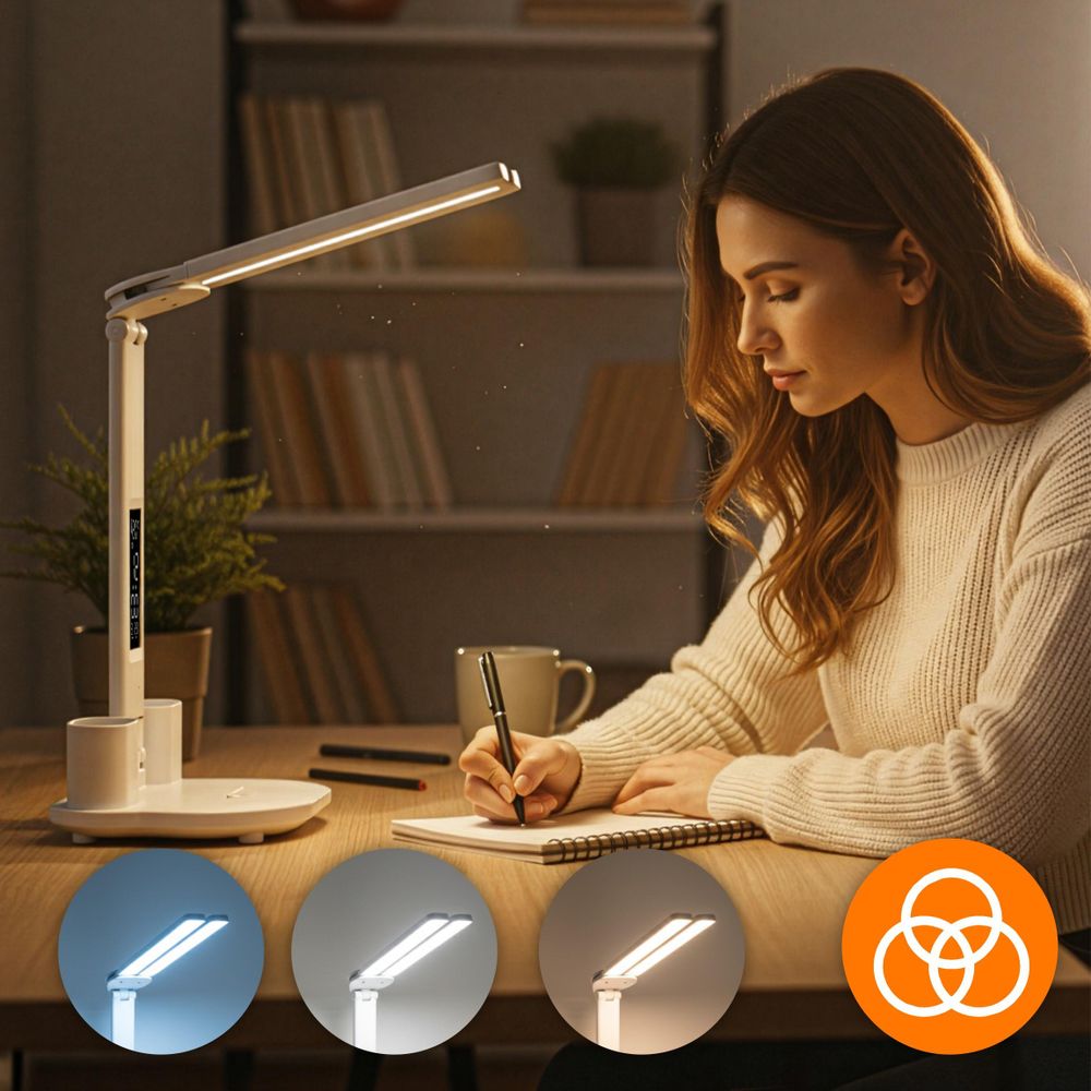 Doppel-LED Schreibtischlampe mit Akku & LCD Display, 6in1 Tischlampe mit Uhr, Termometer & Organizer, Touch-Steuerung, USB-C, Weiß, EVI TECH 40 LEDs