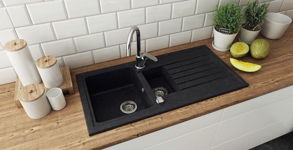 [Granitspüle 100x50 in verschiedenen Farben+ Armatur Spiral] Hochwertig beidseitig Montierbar Küchenspüle Eckig Einbaugranitspüle Granit Spülbecken f. Unterschränke ab 45 cm inkl.Siphon Set, Farben:Schwarz