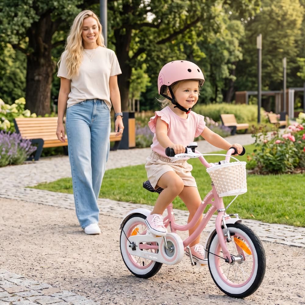 Rower dla dziewczynki 12 cali Pchacz kółka boczne Heart Bike różowy