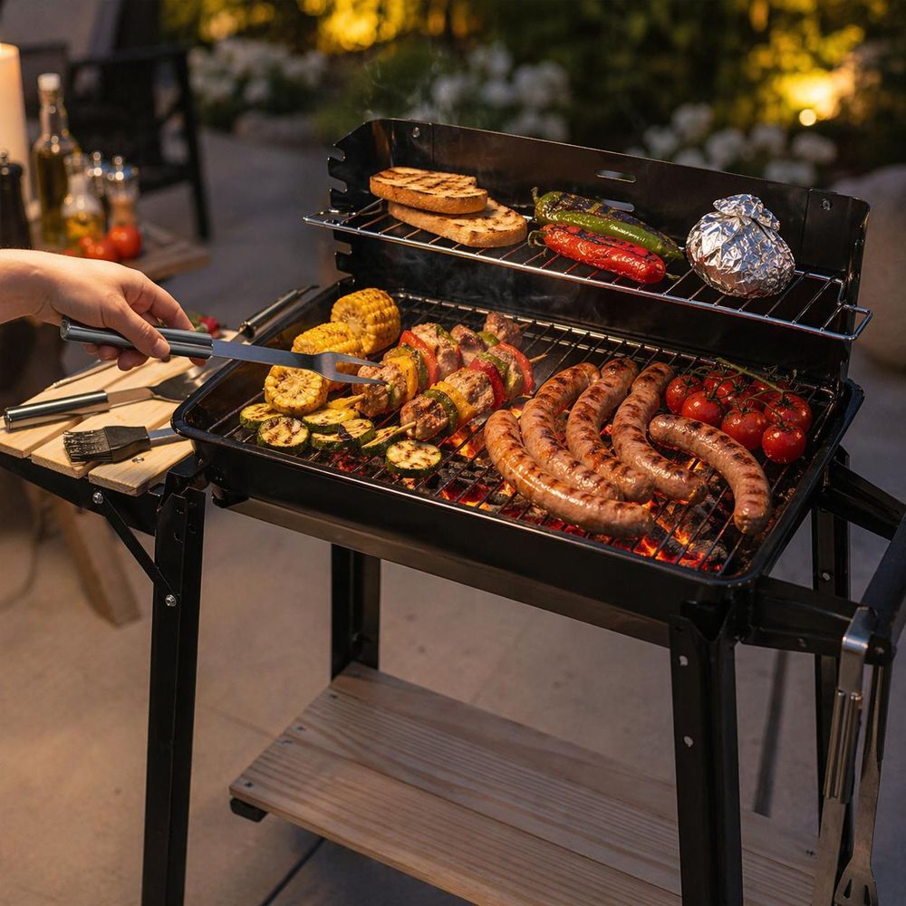Bauhus Grill węglowy ogrodowy 53x33 cm z półką kółkami i kratką do podgrzewania czarny duży