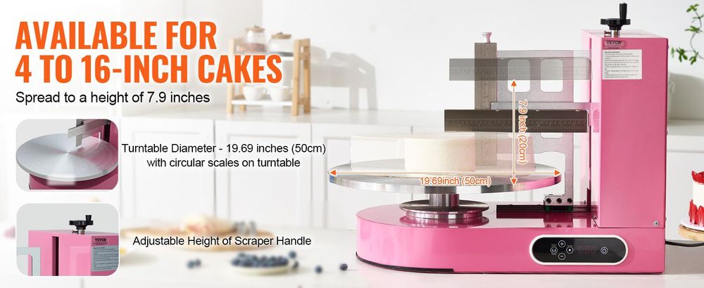 VEVOR Kuchen-Dekorationsmaschine, Kuchencreme-Verteilmaschine, leise Kuchen-Glasurmaschine, Drehteller mit verstellbarem Schaber, für 4" bis 12" Kuchen, 25-320RPM Drehgeschwindigkeit, Weiß, 4-16 Zoll, Rosa