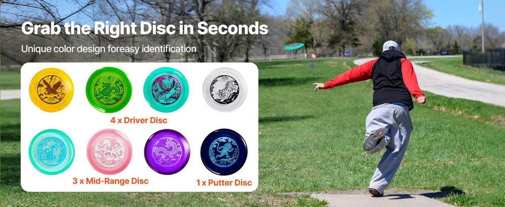 VEVOR Disc Golf Set, 8-teiliges Disc Golf Starterset, fliegende Scheiben für Anfänger für das Ganzkörper-Stärkungstraining, mit Putter, Mid-Range, Driver, PDGA genehmigt, für den Außenbereich, Garten, Rasen, Strand und Park, 8 STK