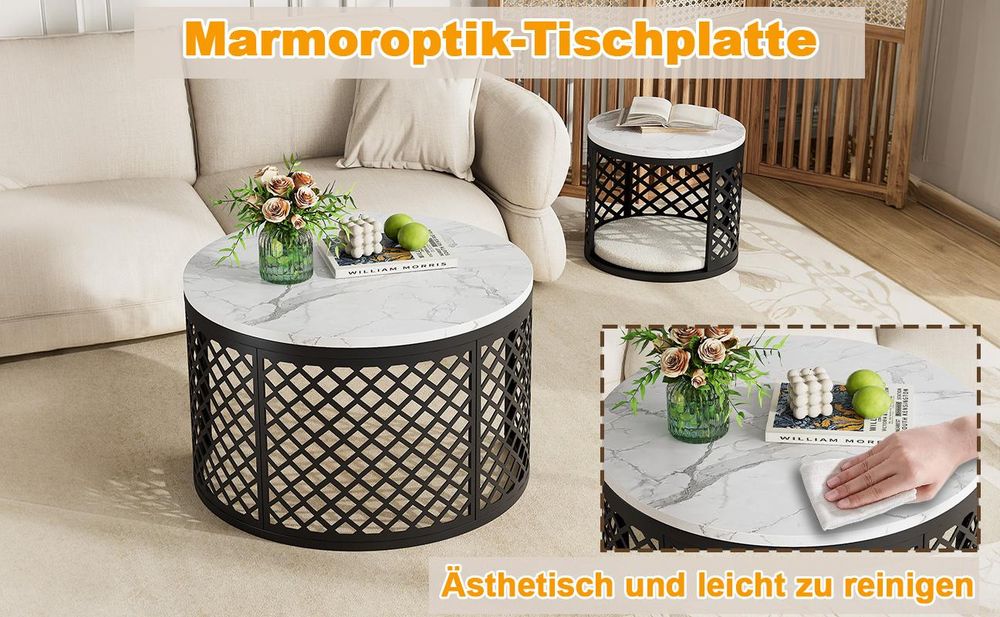 okwish 2-in-1-Couchtisch mit Stauraum, Sofatisch Tischplatte in Marmoroptik,Gitter-Hohlraum-Design, Schwarz