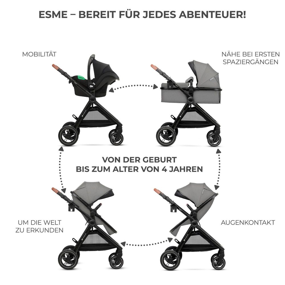 Kinderkraft ESME - multifunktionaler 3-in-1-Kinderwagen - bis 22 kg - Babywanne mit Belüftung - Travel System - große geländegängige Räder - Grau
