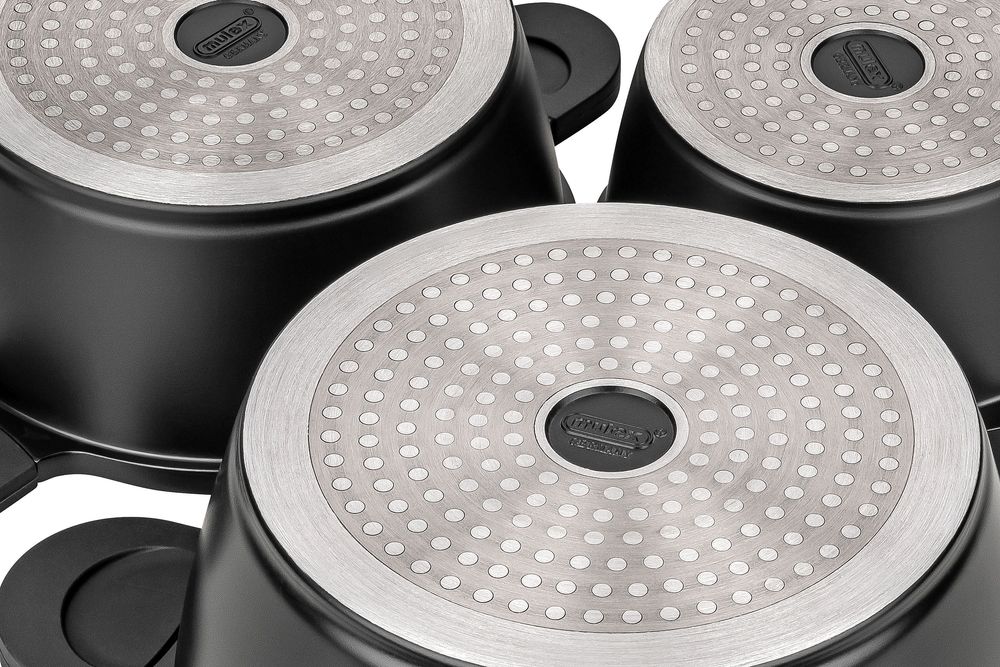 HAPPINESS BLACKLINE Topfset 6tlg., fettarmes und gesundes Kochen, für alle Herdarten geeignet, hochwertige GREBLON Antihaft-Beschichtung