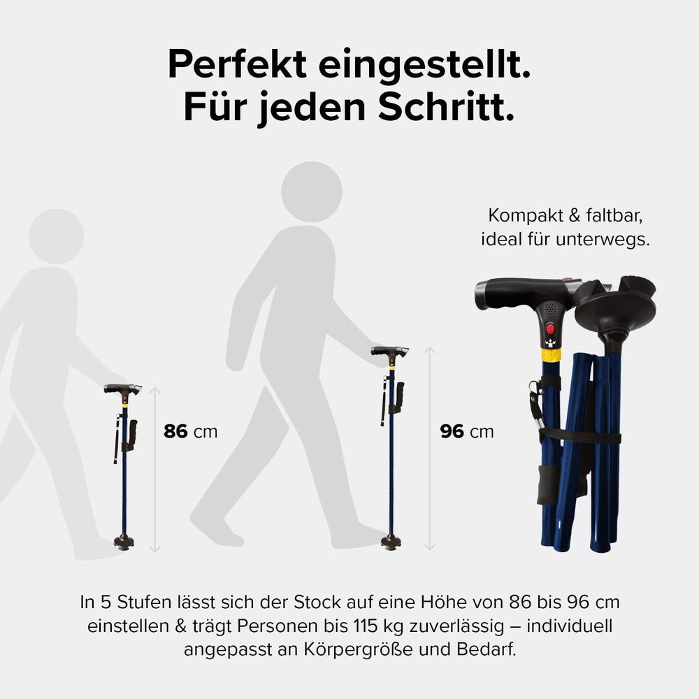 Höhenverstellung des DR-HO’S Get Up & Go Gehstocks von 86 bis 96 Zentimeter