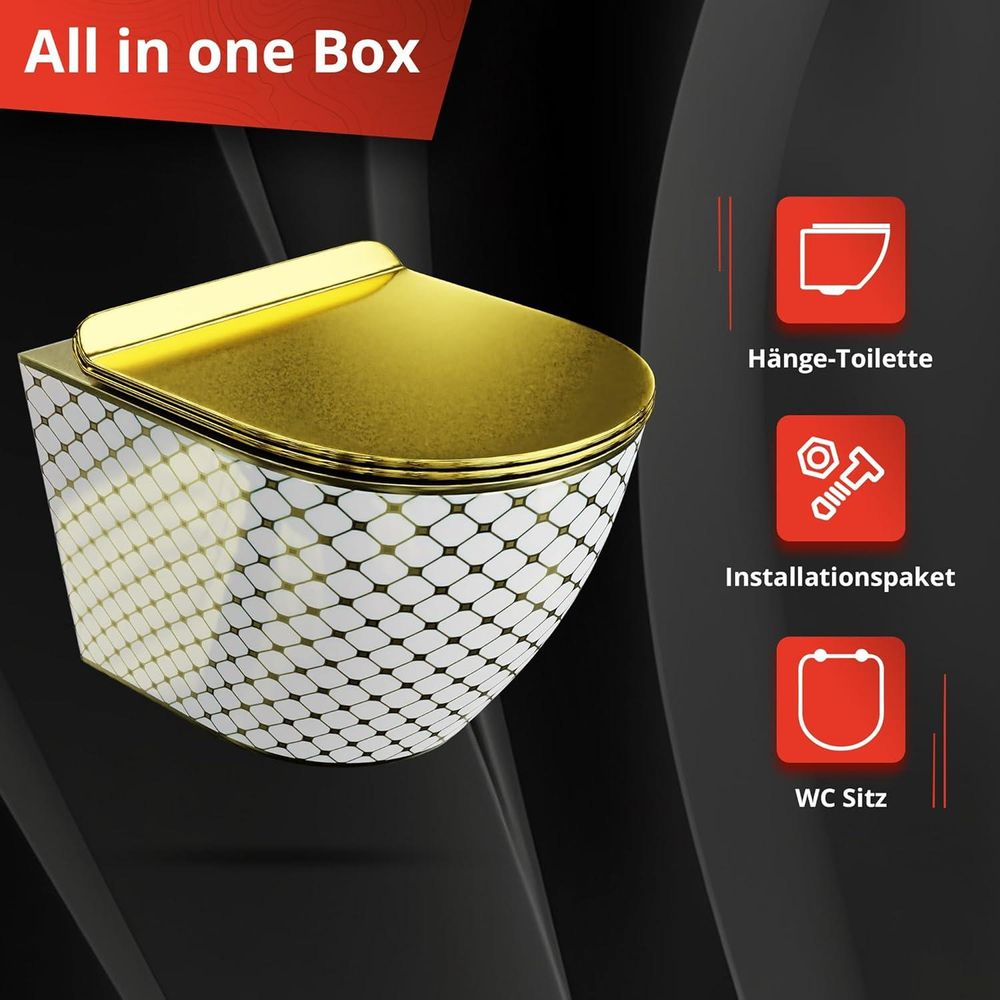Lavita LAV 101 Vorwandelement für WC 40cm + Wand Hänge Tiefspül WC SOFI SLIM CHECKED GOLD Spülrandlos + Bedienplatte LAV 200.4.5 Gold | Komplettset | Unterputz Spülkasten | Toilette Komplett Sett