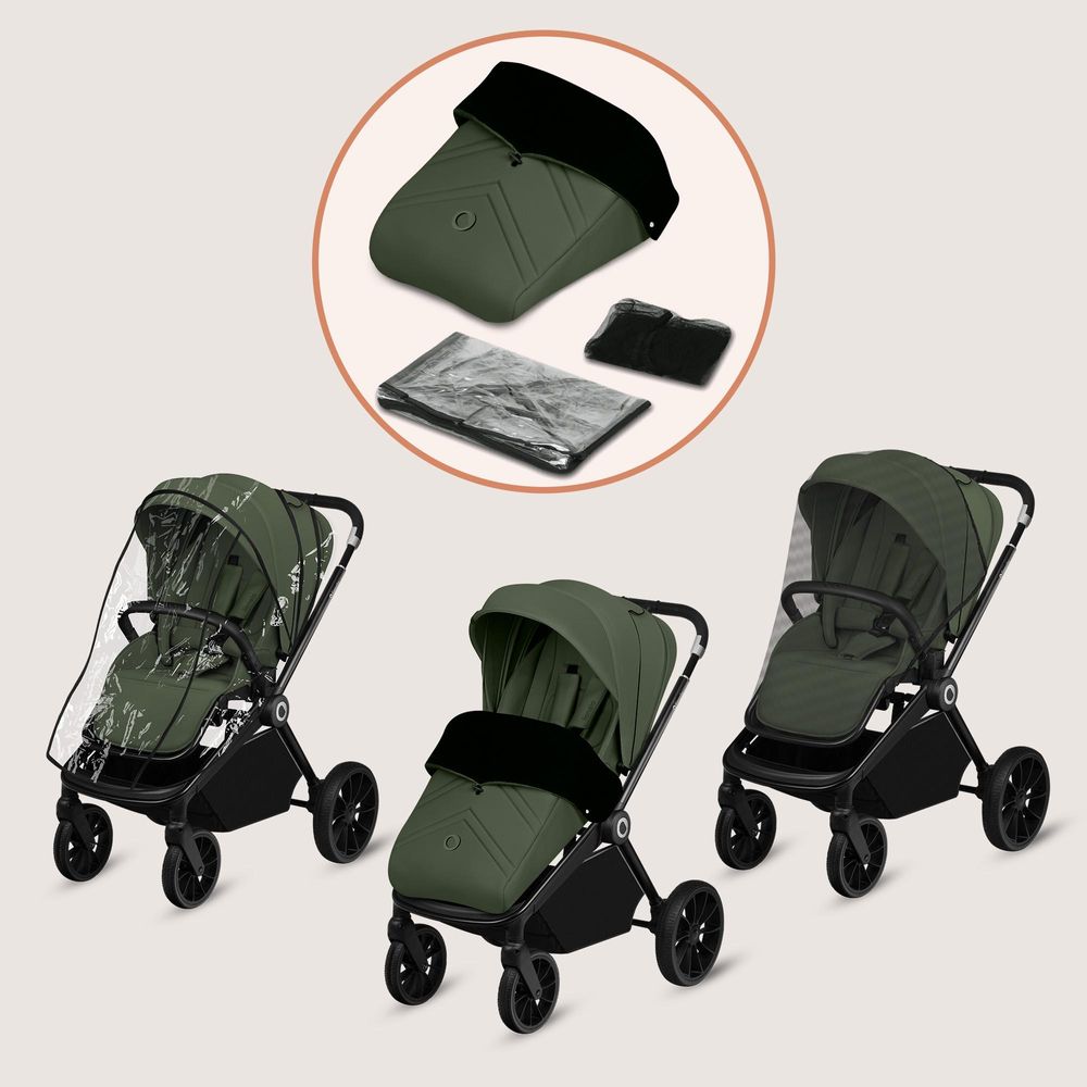 Lionelo Mika Plus Universal-Buggy bis zu 22kg Hohe Manövrierfähigkeit XXL-Verdeck mit UPF50+ Grüne Olive