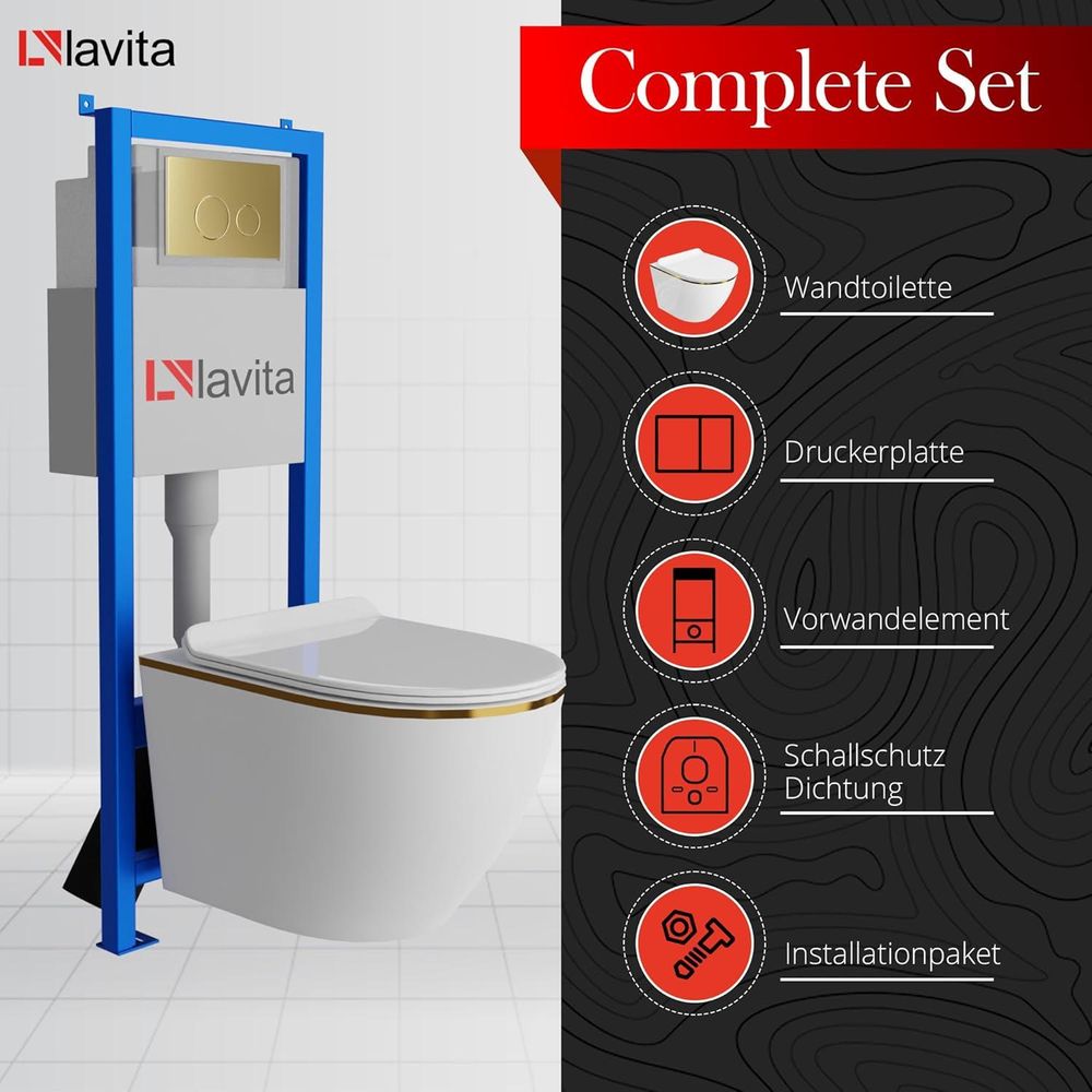 Lavita LAV 101 Vorwandelement für WC 40cm + Wand Hänge Tiefspül WC SOFI SLIM GOLD LINE Spülrandlos + Bedienplatte LAV 200.4.5 Gold | Komplettset | Unterputz Spülkasten | Toilette Komplett Sett