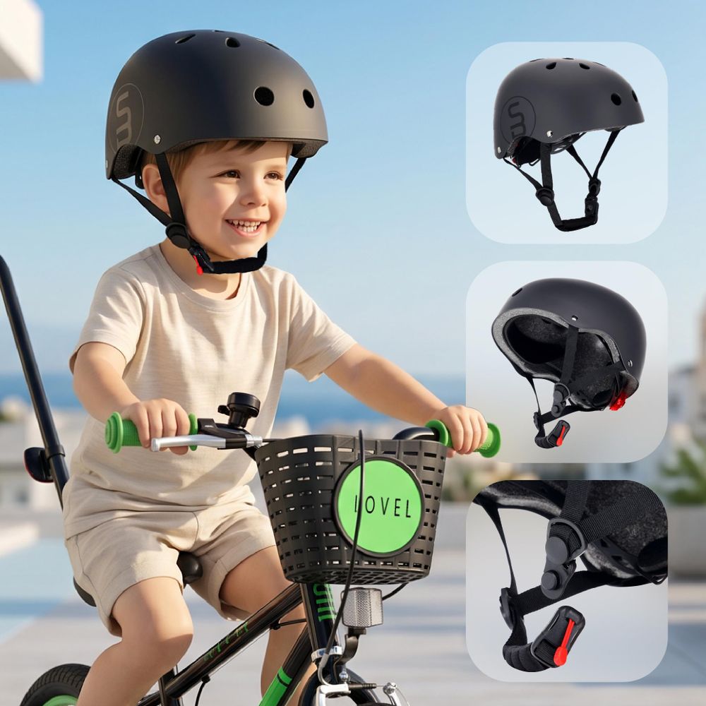 Kind fährt Fahrrad mit Helm, Detailbilder zeigen Polsterung und Kinnschutz.