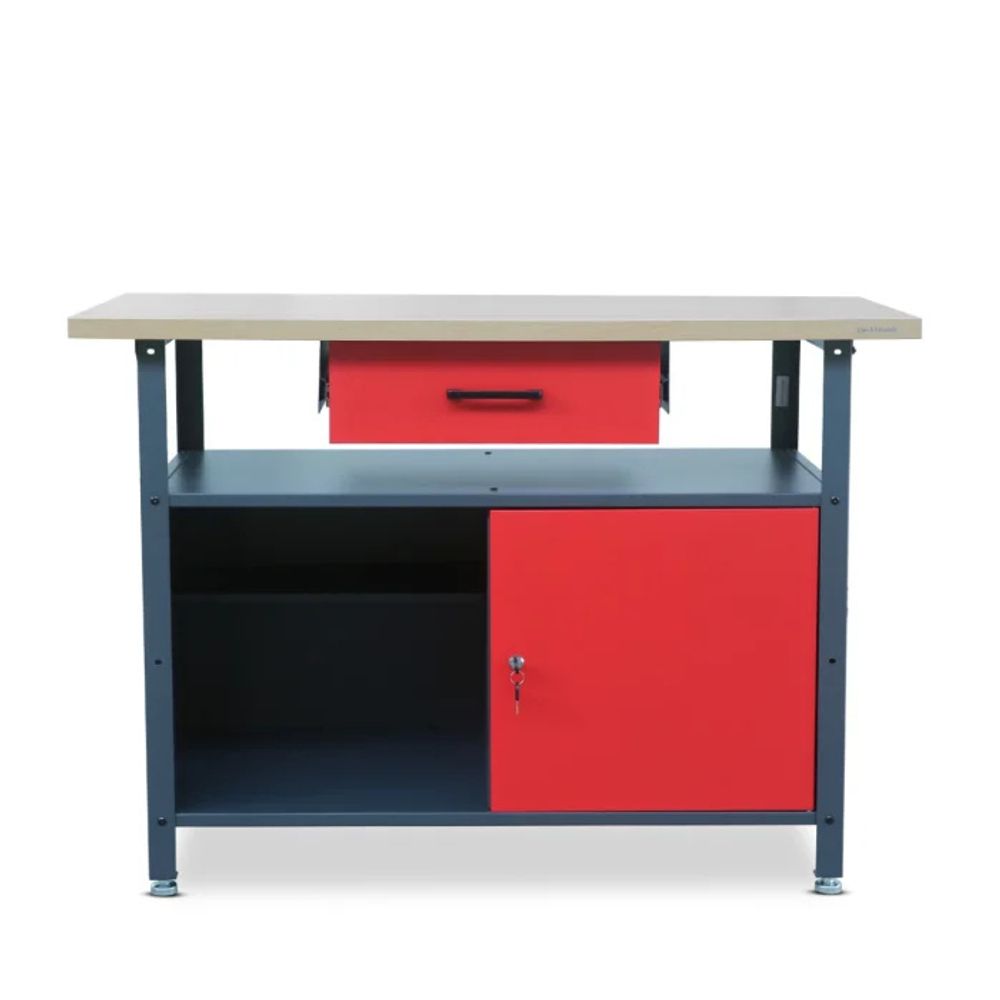 Werkbank mit Arbeitsplatte Werktisch mit Schublade Abschließbares Fach Verstellbare Füße Belastbar bis 400 kg Metall 120 cm x 60 cm x 85 cm Farbe: Anthrazit-Rot