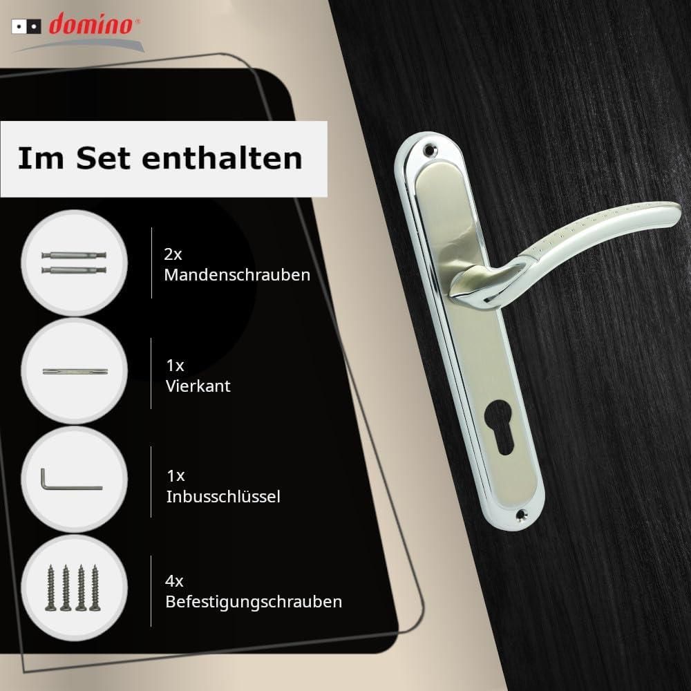 DOMINO Türgriff 72 Drückergarnitur PZ - Profilzylinder Set | Türklinke für Zimmertür, Bürotür, Kellertür & Innentür | L-Form | Türbeschläge aus Aluminiuml | Chrom/Nickel Türdrückergarnitur | SHARON ECO M6/M9