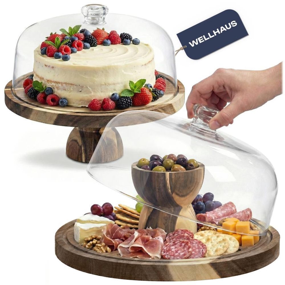 WELLHAUS Käsebrett mit Deckel 2in1 Tortenplatte Holz & Charcuterie Board für Snack, Käseplatte Servierbrett Küchenbrett, Kuchenplatte Tortenständer