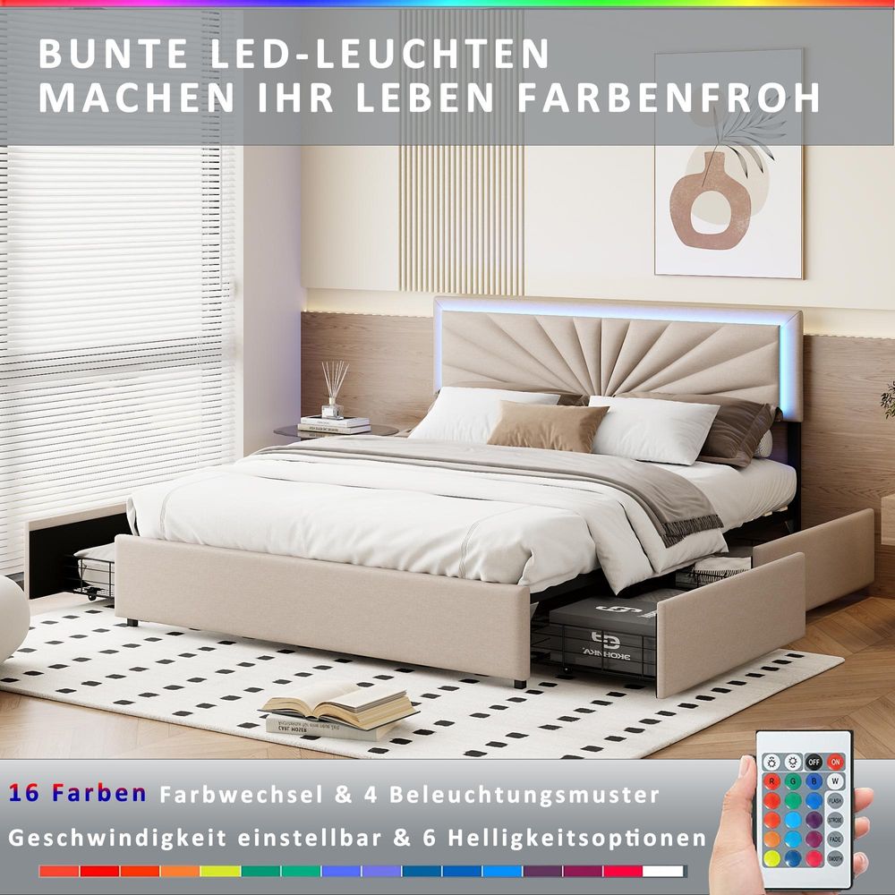 Fortuna Lai Polsterbett 140x200 cm mit höhenverstellbarem Kopfteil, LED-Beleuchtung und 4 Schubladen – Funktionsbett Doppelbett aus Leinen, Beige