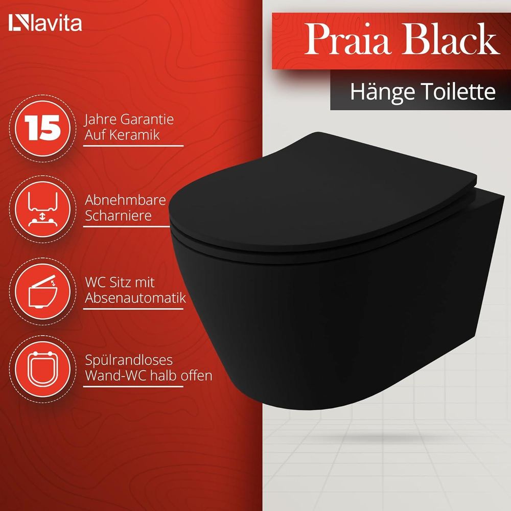GROHE Vorwandelement Solido + Wand Hänge WC Praia Schwarz Spülrandlos + WC-Sitz SoftClose | Schwarzer Knopf | Komplettset | Unterputz Spülkasten | Toilette Komplett Sett
