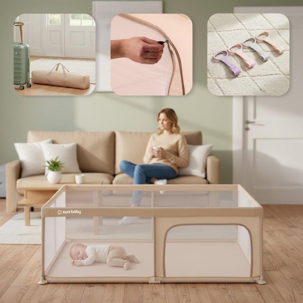 Collage: draagtas, ritsdetail, handgrepen en slapende baby in de box.