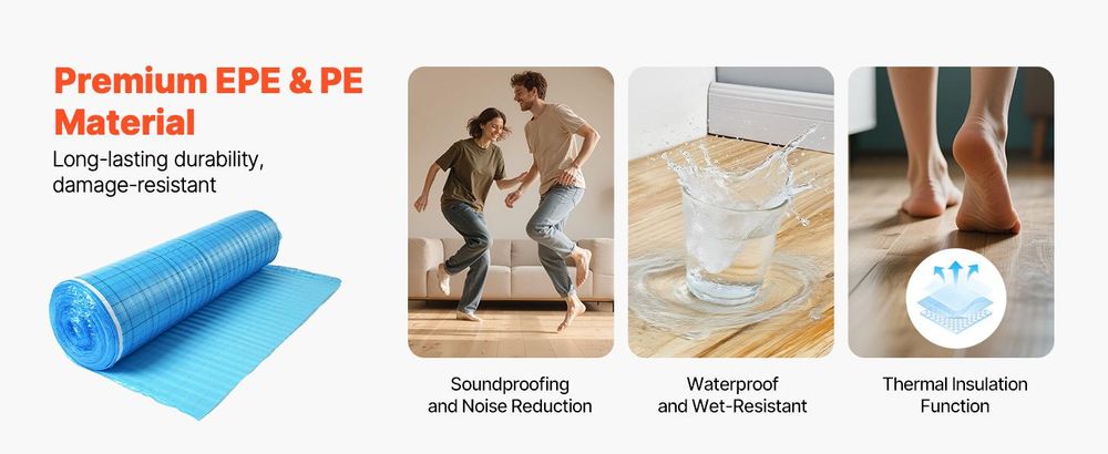 VEVOR Fußbodenunterlage 37,2 m², 3 mm Laminatbodenpolster mit angebrachter Dampfsperre, strapazierfähige Faser+PE-Folie, schalldämmend & geräuschreduzierend für Vinyl- & Holzböden (2 Rollen x 18,6 m²), 200 sq ft-3.0 mm-1 Volumen-EPE