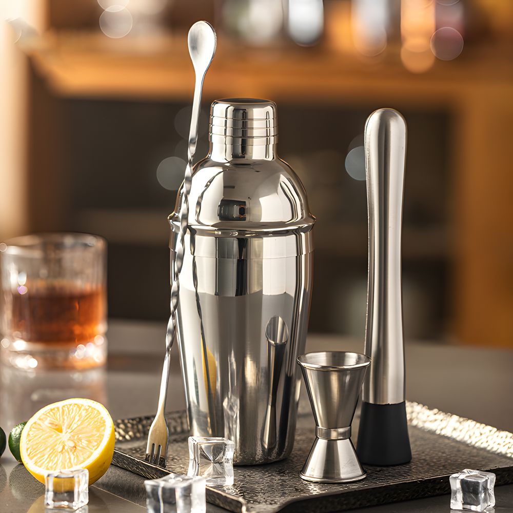 6-tlg Set Cocktail Shaker Edelstahl Cocktail-Set mit Sieb 750 ml Messbecher 2 Ausgießer Stößel Barlöffel Barkeeper Bar Zubehör Cocktailshaker Retoo