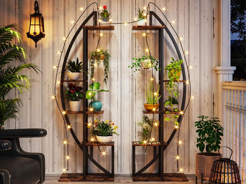Tribesigns Blumenständer, 2 Stück Pflanzenregal mit 5 Ebenen und 2 Haken, 160cm Hoch Pflanzenständer Metall Blumenregal für Indoor Balkon(Mattschwarz)