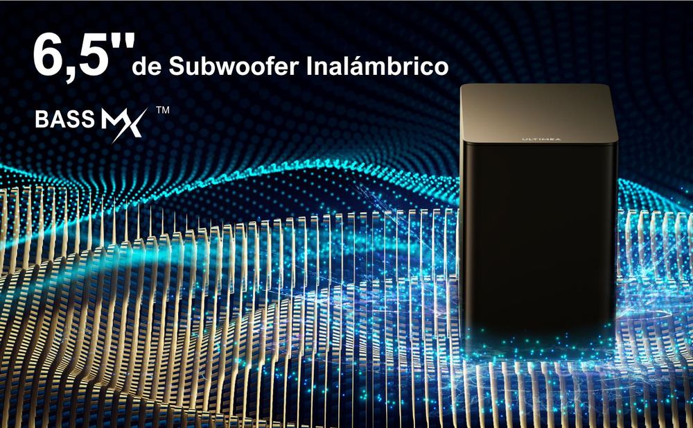 ULTIMEA 7.1: Sistema de sonido envolvente virtual para televisores, con una potencia máxima de 410W. Barra de sonido con subwoofer y altavoces envolventes ajustables, y control mediante aplicación