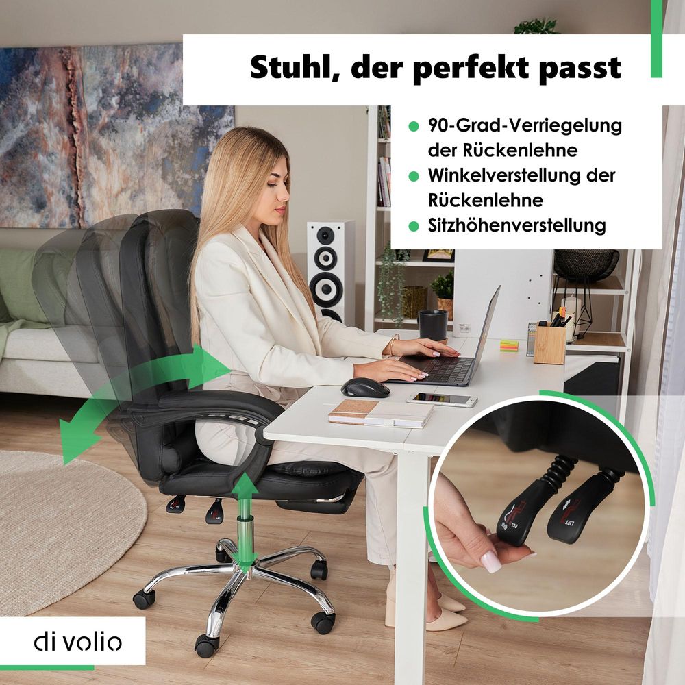 di volio Bürostuhl Baldo schwarz, ergonomischer Schreibtischstuhl mit Sitzhöhenverstellung und Fußstütze, max. Körpergewicht 150 kg, robuste Konstruktion