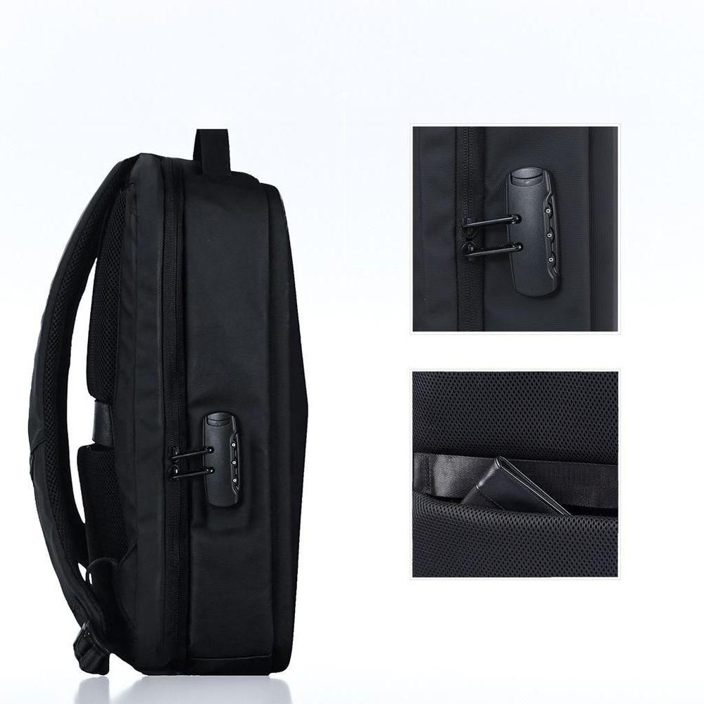 Qualo, Rucksack wasserdicht mit USB-A/USB-C, Anti-Diebstahl-Zipper, Schwarz