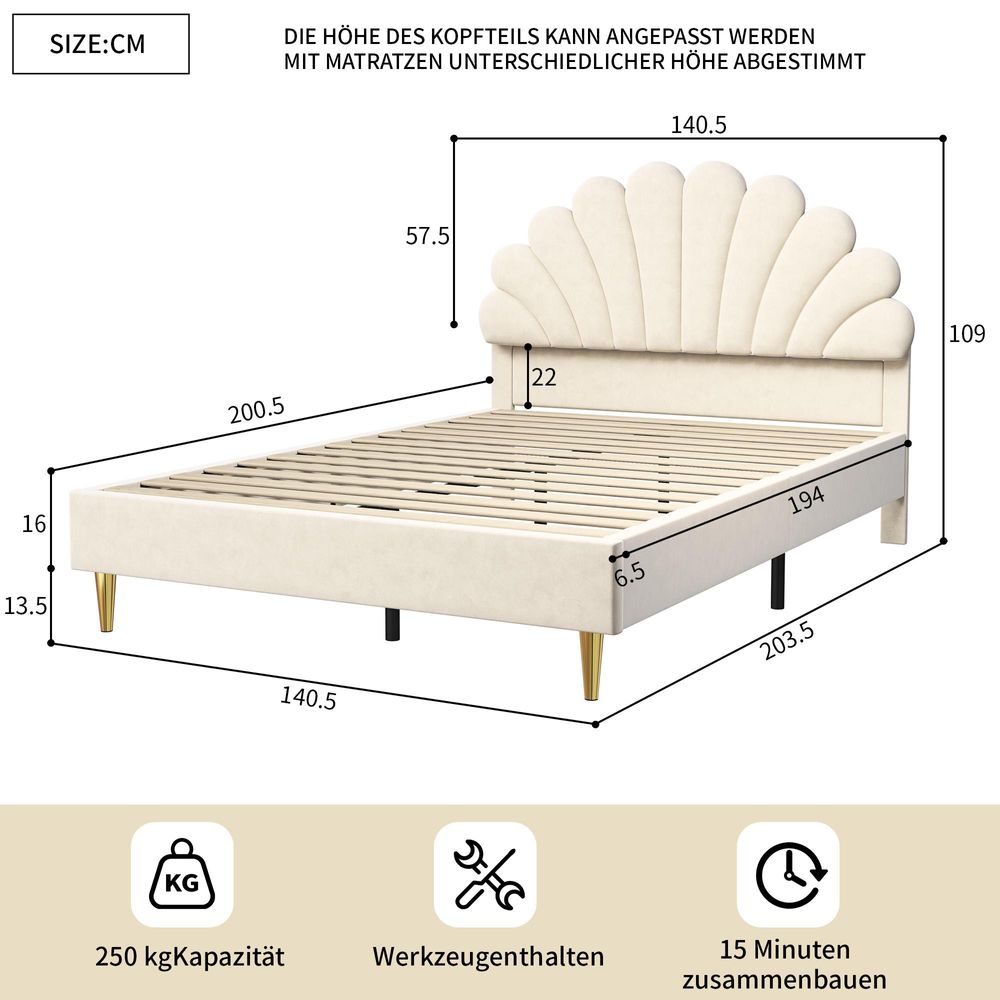 INONEFT Polsterbett Kinderbett 140x200 cm, Doppelbett für Mädchen, Jugendbett Bettgestell mit Blumenförmigem Kopfteil und Lattenrost, Samt Beige