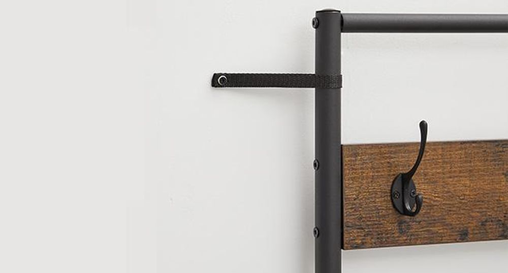 Garderobenständer mit Kleiderhaken, Spiegel, Schuhbank, Kleiderständer, Garderobe, Schuhregal mit Sitzfläche, für Flur, Industrie-Design, 35 x 98 x 182 cm, vintagebraun-schwarz HSR420B01