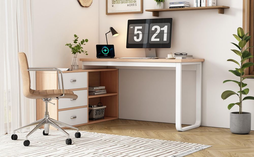 Merax Schreibtisch, Bürotisch mit 3 Schubladen, 2 Offenen Ablagefächern, Computertisch, Schreibtisch, Arbeitstisch, 147 x 100 x 75 cm, Natur