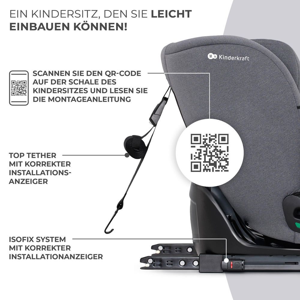 Kinderkraft ONETO3 i-Size Kindersitz 76-150 cm - ISOFIX & TOP TETHER - 3-lagige Kopfstütze - RECLINING-Funktion - ab 15 Monate bis 12 Jahre - Grau