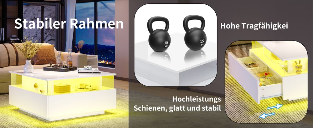 okwish Hochglanz-LED-Couchtisch Quadratischer Couchtisch 70*70*41cm mit 2 Schubladen und transparentem Präsentationsbereich,Belastbar bis 30 kg, Weiß