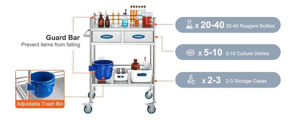 VEVOR Edelstahlwagen, 3-lagiger Labor-Nutzwagen mit 181,4 kg Tragfähigkeit, medizinischer Wagen mit abschließbaren Universalrädern, für Labor, Klinik, Küche, Salon, 2 Schichten-a, Silber-a