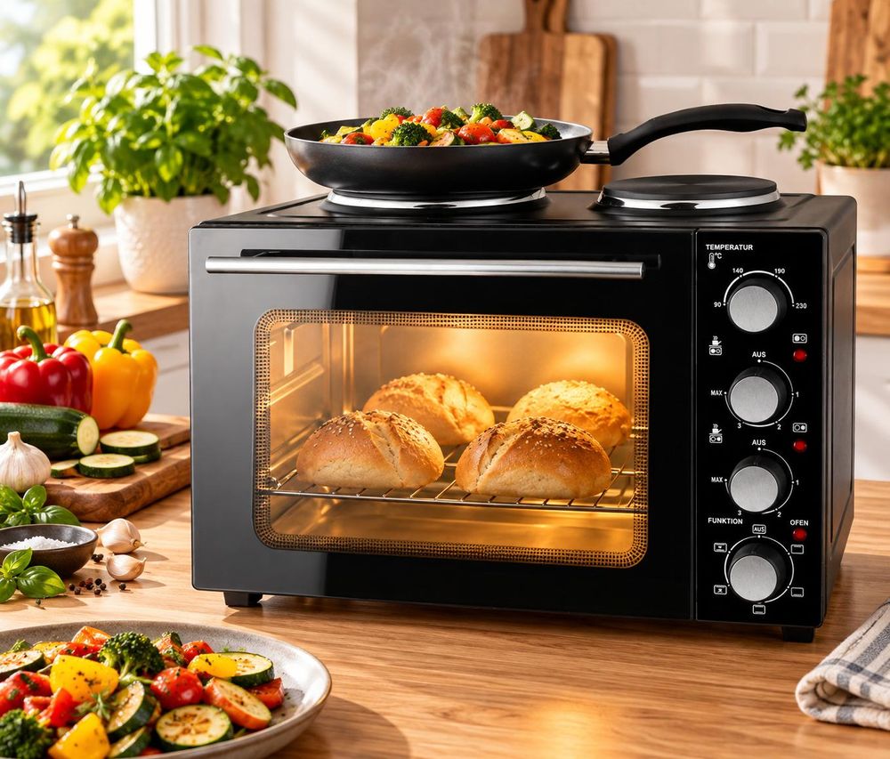 Emerio Minioven – 2 Kookplaten – 90–230 °C – Boven- en Onderwarmte – Heteluchtfunctie – Binnenverlichting – Ovenrooster + Bakplaat – MO-125236.4