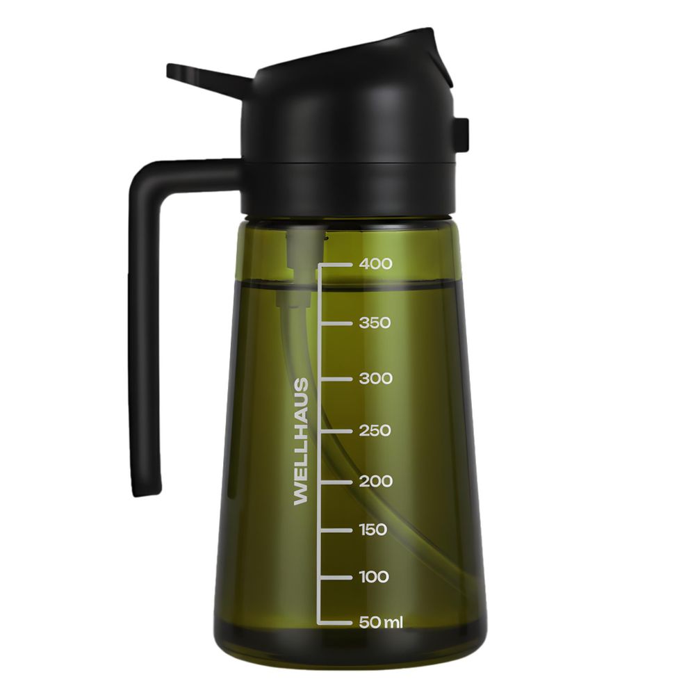 WELLHAUS Olivenölspender & Ölsprüher 2in1 – 470 ml Glas Ölspender mit UV-Schutz, lichtdicht, Ölausgießer & Ölsprühflasche für Heißluftfritteuse, Küche, Kochen, Braten, Salat, Grill & BBQ (Schwarz)