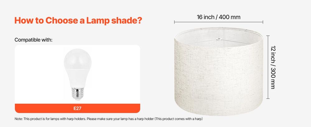 VEVOR Lampenschirm Trommel 40 x 40 x 30 cm (oben x unter x hoch), 2 Stk. Ersatzschirme aus Leinen + PVC, Lampenschirm mit Harfe für Tischlampen Stehlampen Pendelleuchten (helles Leinen)