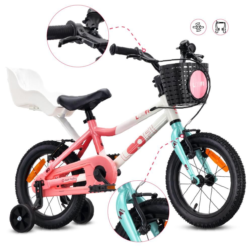 SUN BABY LOOFI Kinderfahrrad 14 Zoll, leichtes Aluminium Fahrrad 6,6 kg für Kinder ab 3 Jahre, mit Stützrädern, Korb, Klingel, mit Puppensitz, Mädchen
