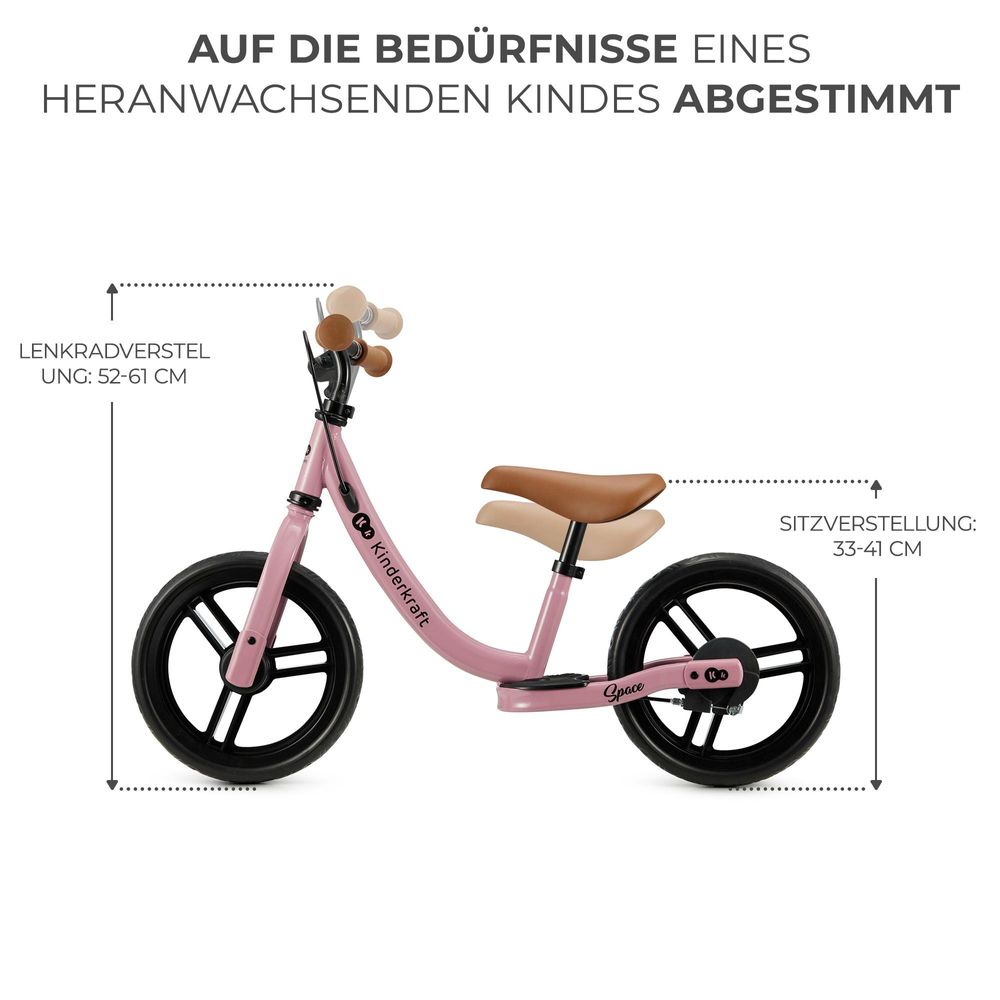 Kinderkraft SPACE Laufrad - Leicht, mit Handbremse - EVA-Schaumstoffräder - Verstellbarer Sattel und Lenker - Für Kinder ab 80 cm - Rosa