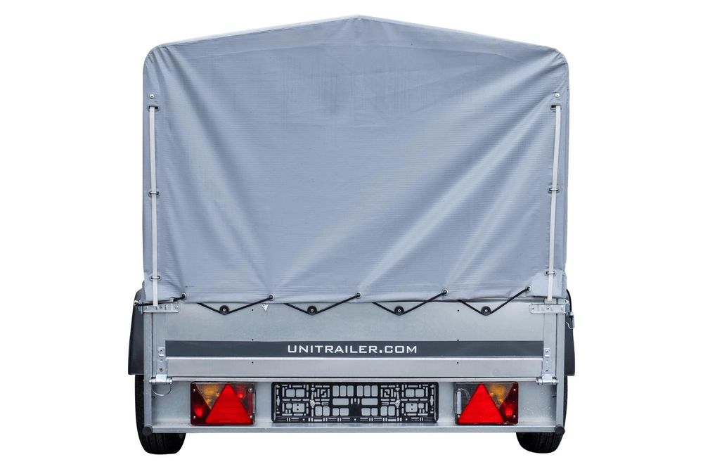 Einachsanhänger auf Federn 230x125 UNITRAILER GARDEN 230/R KIPP mit H-800-Rahmen und grauer Plane